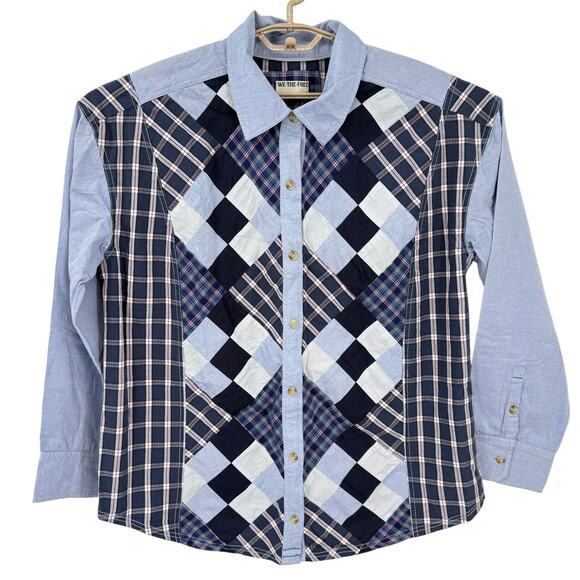 Free People We The Free Patchwork 
Mad for Madras Denim  Shirt Top Large NWT - Picture 1 of 8